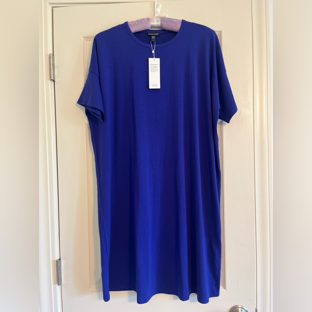NWT Eileen Fisher Blue Casual Short Sleeve Crew Neck Boxy Dress Women Size XS